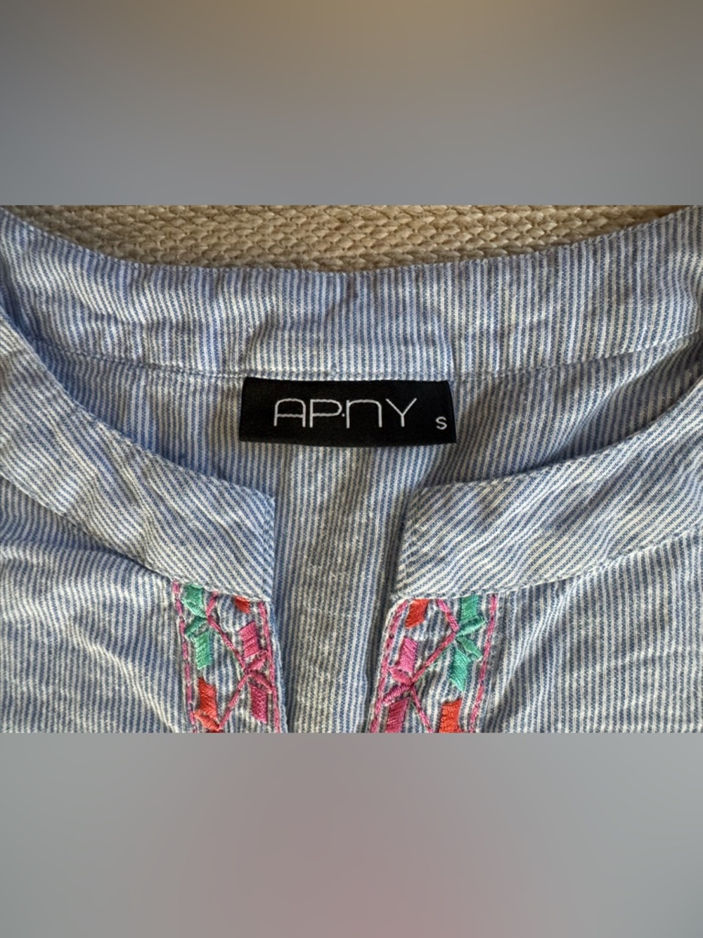 APNY blue stripe embroidered cotton popover top split‎ neck bell sleeve women S - Picture 5 of 6